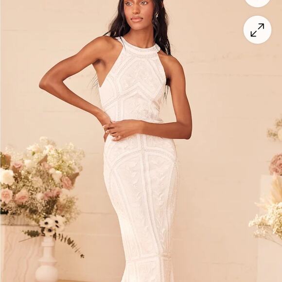 Lulus Tell Me Everything White Beaded Halter Formal Gown NWT Size Small - Picture 1 of 12